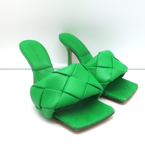 Bottega Veneta Shoes - BOTTEGA VENETA LIDO MULES GRASS INTRECCIATO LEATHER SIZE 37.5 HIGH HEEL SANDALS